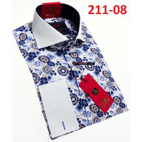Axxess White / Navy Flower Design Cotton Modern Fit Dress Shirt With Button Cuff 211-08.